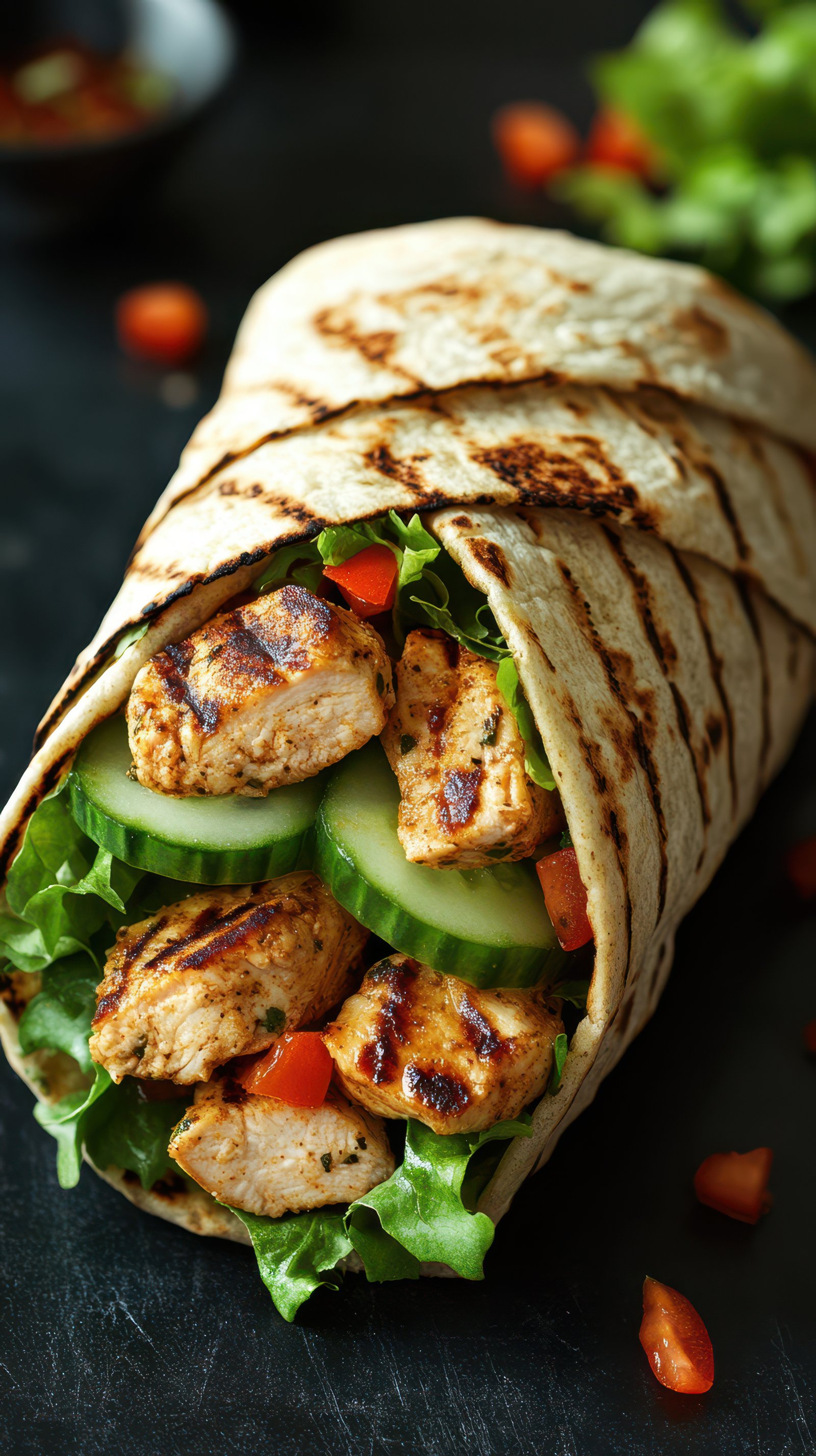 Freshly made grilled chicken wrap with vegetables and herbs on a dark surface